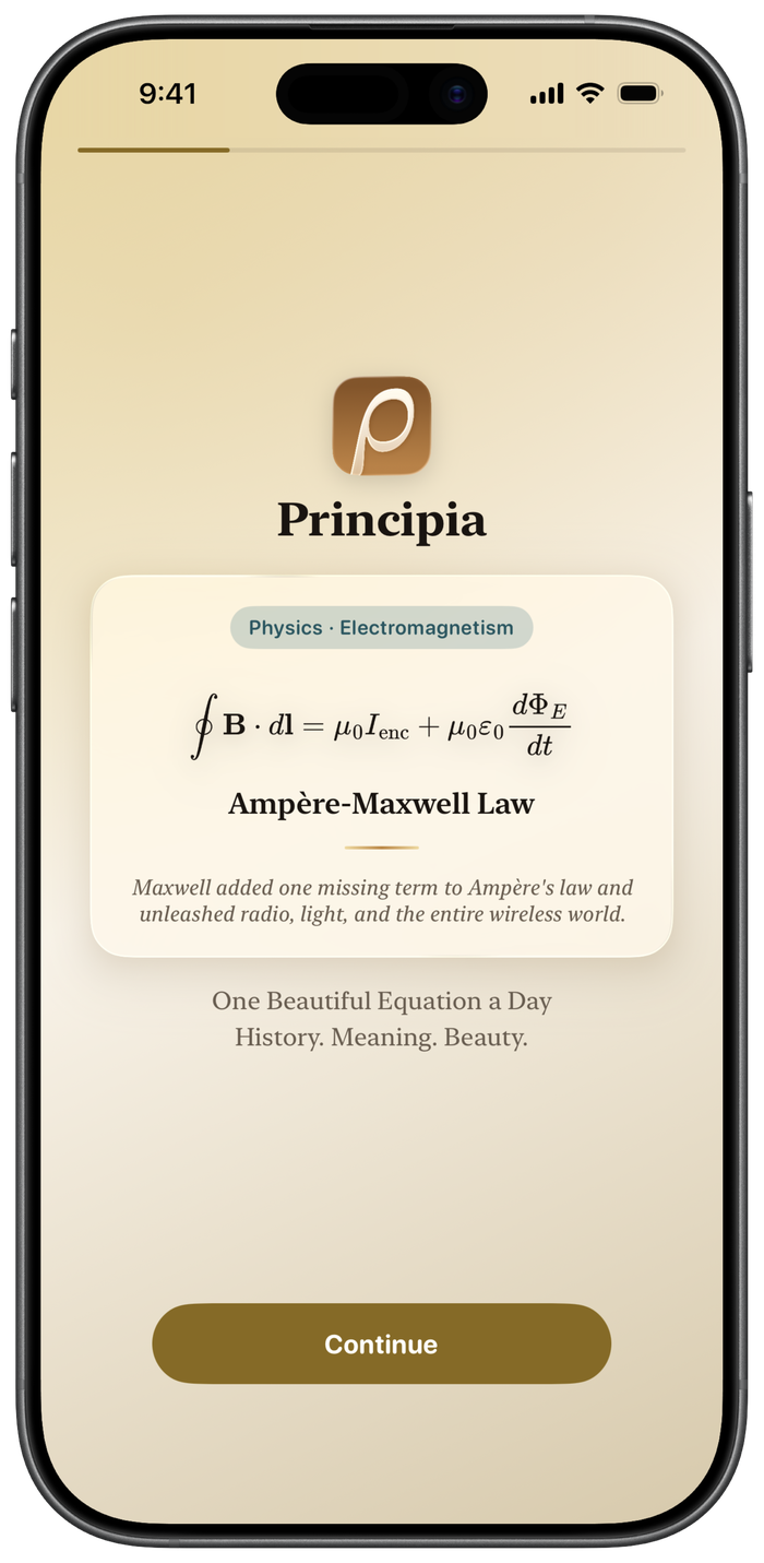Principia on iPhone, presenting the Ampère–Maxwell law with its story and meaning